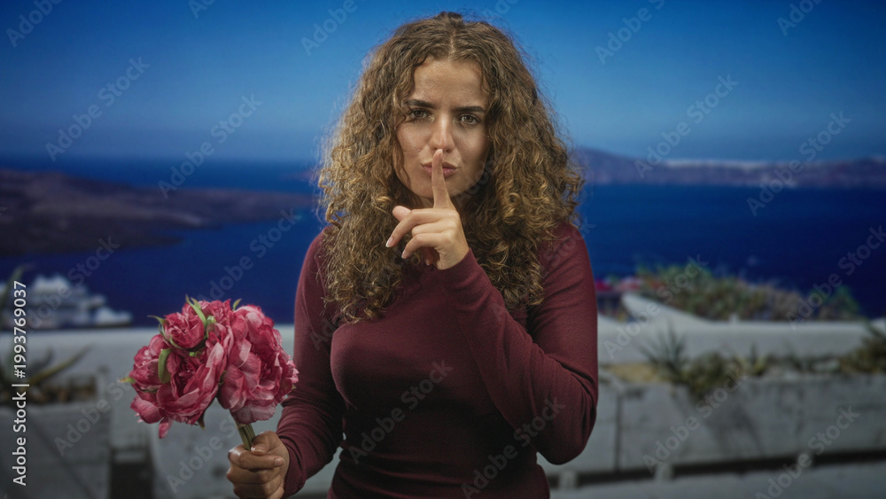 Obraz premium Woman with curly hair holds pink flowers and presses index finger to lips on a building terrace overlooking the sea; silence secrecy.