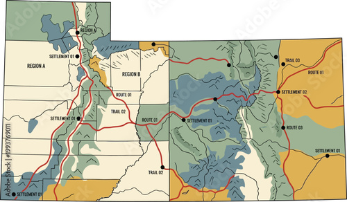 Utah settlement map depicts historical routes and regional pathways connecting various outposts across a diverse landscape in a detailed graphic style.