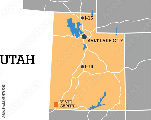 Utah map highlights major highways and the state capital city in a clear graphic presentation suitable for travel planning or educational materials.