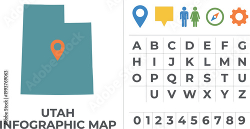 Utah infographic map includes custom location markers and a full set of alphabet and numerical characters for versatile layout design projects.