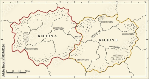 Regional map displays two distinct land masses with borders and generic city markers for planning.