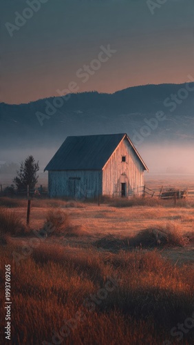 Vintage Barn at Dawn in Misty Field