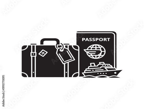 travel essentials suitcase and passport with cruise ship vector illustration