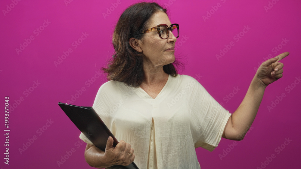 Naklejka premium Woman holding clipboard and pointing finger to the right in a pink studio with eyeglasses visible; clear instruction confidence.