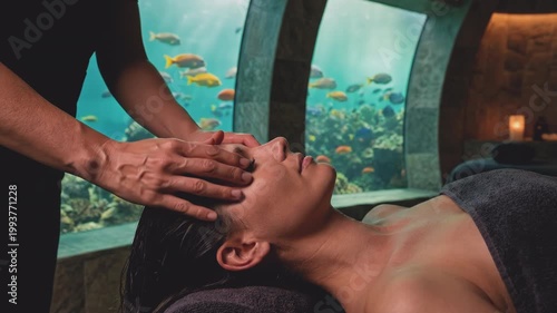 Woman receiving relaxing head massage in a luxury underwater spa with tropical fish swimming in the background
