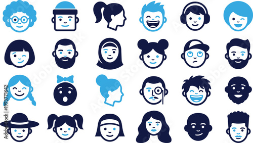 Diverse collection of people icons representing different ages, genders, and expressions.