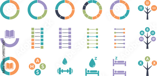 Circular infographic elements set with charts, progress rings and data visualization icons in flat style for business and analytics design