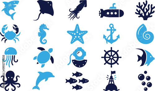Marine life and nautical symbols featuring ocean creatures, anchors, and navigation tools.
