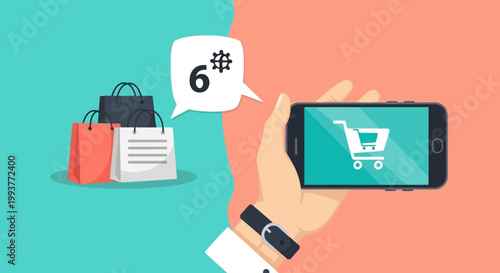 Online Shopping Concept: Hand Holding Smartphone with Shopping Cart Icon, Bags