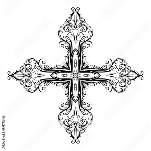 Intricate ornate cross tattoo design with elegant swirling floral motifs in black and white, symbolizing faith and spirituality