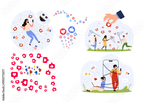 Social media day, Social media addiction vector set, people chasing likes and heart icons, digital dependency and internet engagement concept, flat illustration