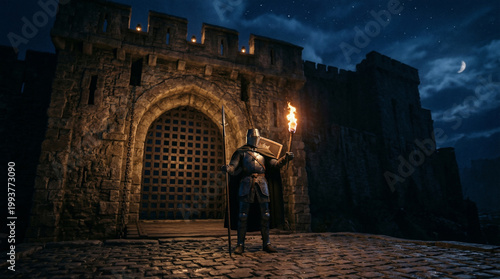 Guardian of the Fortress: A solitary knight stands vigilant before the imposing gates of a medieval castle at dusk.