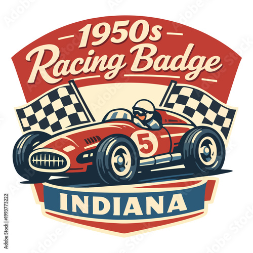 1950s Racing Badge Indiana logo with retro open‑wheel racecar, waving checkered flags and nostalgic typography, ideal for classic motorsport posters, apparel graphics and souvenir branding
