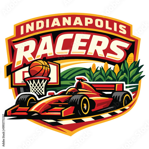 Indianapolis Racers sports logo with blazing formula car, bold lettering, basketball hoop and golden cornfields, blending racing excitement and heartland pride for dynamic team branding