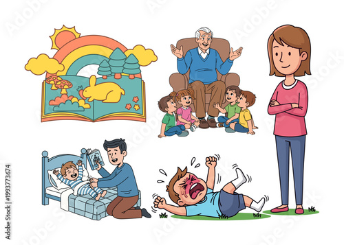 Social media day, Family storytelling and parenting vector set, grandfather reading to grandchildren, father putting child to bed, mother managing toddler tantrum