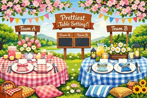 Teams compete in a table setting contest near a lake with trees and flowers during a sunny day