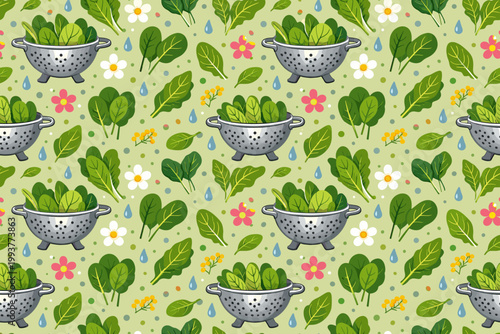 Pattern with colanders holding greens and colorful flowers on a light green background showing a garden theme