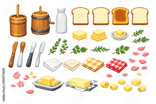 Various kitchen items and ingredients arranged for making sandwiches and butter dishes in a kitchen setting