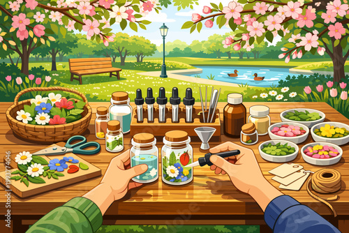 Crafting with flowers and nature near a calm lake with ducks