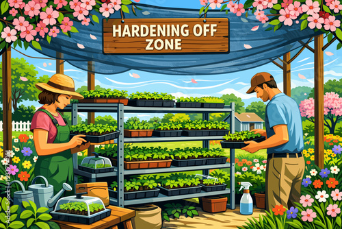 Garden workers prepare young plants in a hardening off zone during a sunny day in spring at a community garden