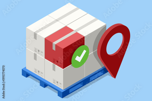 isometric illustration of palletized box cargo with a highlighted package, map pin, and check mark on a blue background. Ideal for shipment tracking, warehouse inventory, and delivery verification