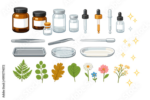 Different types of containers and tools for herbal medicine preparation and plant study in a lab setting