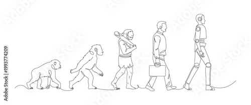 Human Evolution To Robot One Line Illustration. Continuous line drawing showing evolution from primate to modern human and robot. Perfect for technology and future concepts. Vector illustration