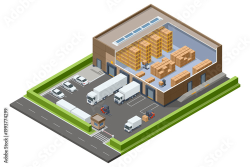 Isometric view of a logistics center building with open docks and loading ramps. This illustration depicts a smart industrial facility for efficient freight transport and distribution.