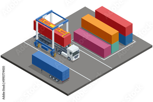 Isometric view of an industrial overhead crane for container terminal. The illustration shows heavy machinery for efficient lifting and moving of freight cargo in a smart sea port.