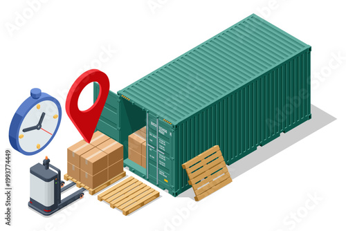 Isometric shipping container with pallet jack, box cargo, location pin and clock. Warehouse logistics concept shows timed delivery, container storage, freight tracking and supply chain control
