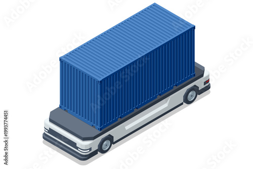 Isometric autonomous flatbed truck with blue shipping container isolated on white background. Smart logistics concept shows robotic cargo transport, warehouse automation and modern freight deliver