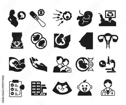 Pregnancy Maternity Icons Set. Set of 20 pregnancy and maternity icons including fetus, ultrasound, embryo, baby and uterus. Perfect for healthcare and medical projects. Vector illustration