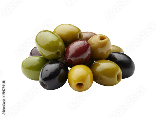 A pile of assorted green, black, and kalamata olives isolated on transparent background
