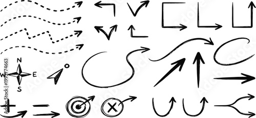 Collection of hand-drawn arrows and directional symbols, perfect for indicating movement, navigation, and emphasis in designs