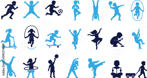 Children playing sports and activities icons blue silhouettes active lifestyle.