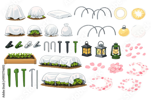 Garden tools and supplies for planting vegetables and flowers in different seasons and weather conditions