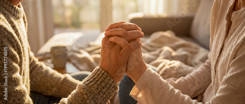 support comfort care holding hands empathy warmth cozy home connection upright handholding in bedroom light shows trust healing and emotional closeness for recovery wellness and support themes