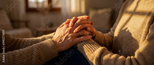 support comfort care holding hands empathy warmth cozy home connection hands clasped in warm sunset light show trust healing and quiet companionship for therapy wellness and supportive care themes