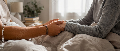 support comfort care holding hands empathy warmth cozy home connection gentle handholding over soft bedding shows patience healing and quiet companionship for recovery wellness and support themes