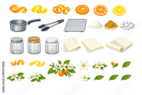 Citrus preparation for candy making includes tools and ingredients arranged on a table with various items needed for the process