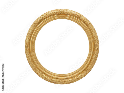 Ornate circular gold picture frame isolated on transparent background