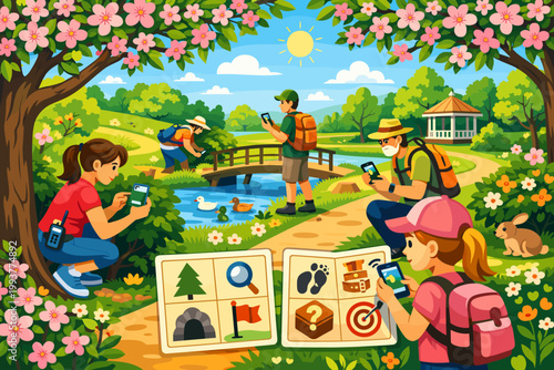 Group of people exploring a park while using their phones and searching for clues in a nature activity during a sunny day