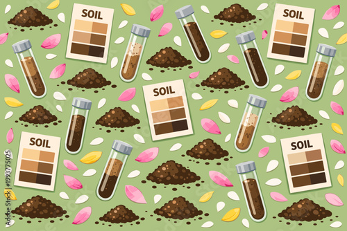 Soil samples and color charts are arranged with flower petals on a light green background