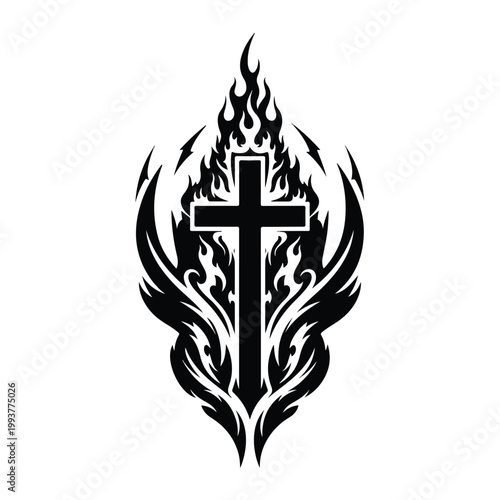 Symbolic cross tattoo design with fiery flames and tribal wing elements, representing faith and spiritual power