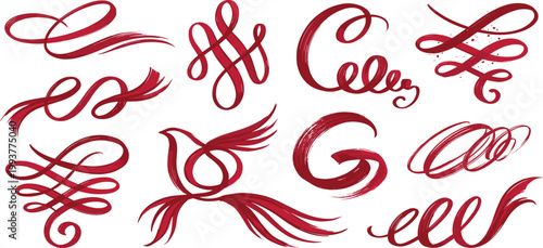 Elegant set of vintage-inspired decorative red calligraphy flourishes and artistic swirl elements perfect for graphic design projects and invitations