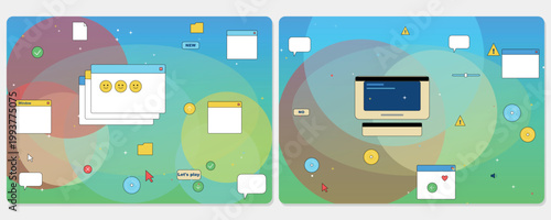Retro Y2K desktop UI kit vector illustration, soft gradient interface elements, popup windows, speech bubbles, buttons and icons. Nostalgic digital design set