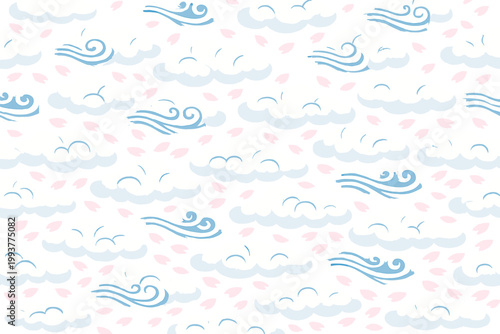 Cloud pattern with blue designs and pink accents on a light background during a bright day