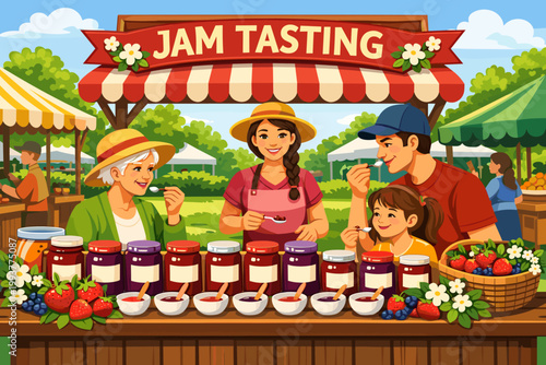 Families enjoy jam tasting at a busy market on a sunny day with different flavors displayed on the table