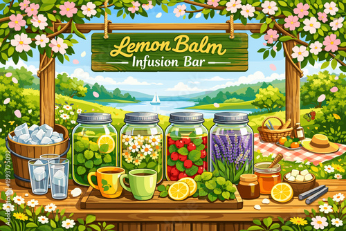 Lemon balm infusion bar offers herbal drinks at a sunny outdoor location near a lake with jars of fresh herbs and fruit