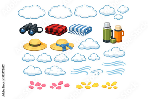Summer picnic items with clouds and accessories for outdoor enjoyment in a cheerful scene